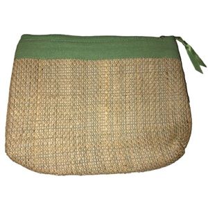 TAN WOVEN COSMETIC POUCH WITH GREEN TRIMMING